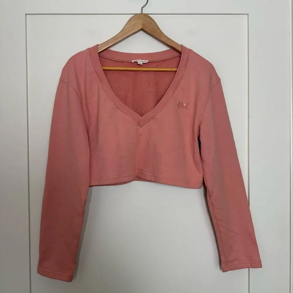 For Love & Lemons Top Womens Sz S Candy Pink Cropped Terry V Neck Long Sleeve